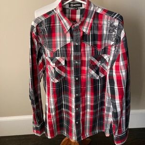 Petrol plaid snap front shirt w/embroidered design